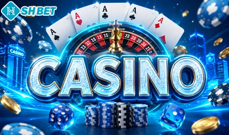 Banner casino SHBET với hình ảnh roulette, bài poker, chip casino và hiệu ứng ánh sáng hiện đại, mang đến trải nghiệm casino trực tuyến hấp dẫn cho người chơi.